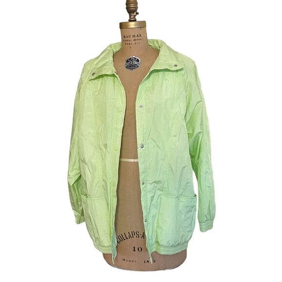 Vintage 80s Neon Green Oversized Shell Rain Jacket - Picture 1 of 8